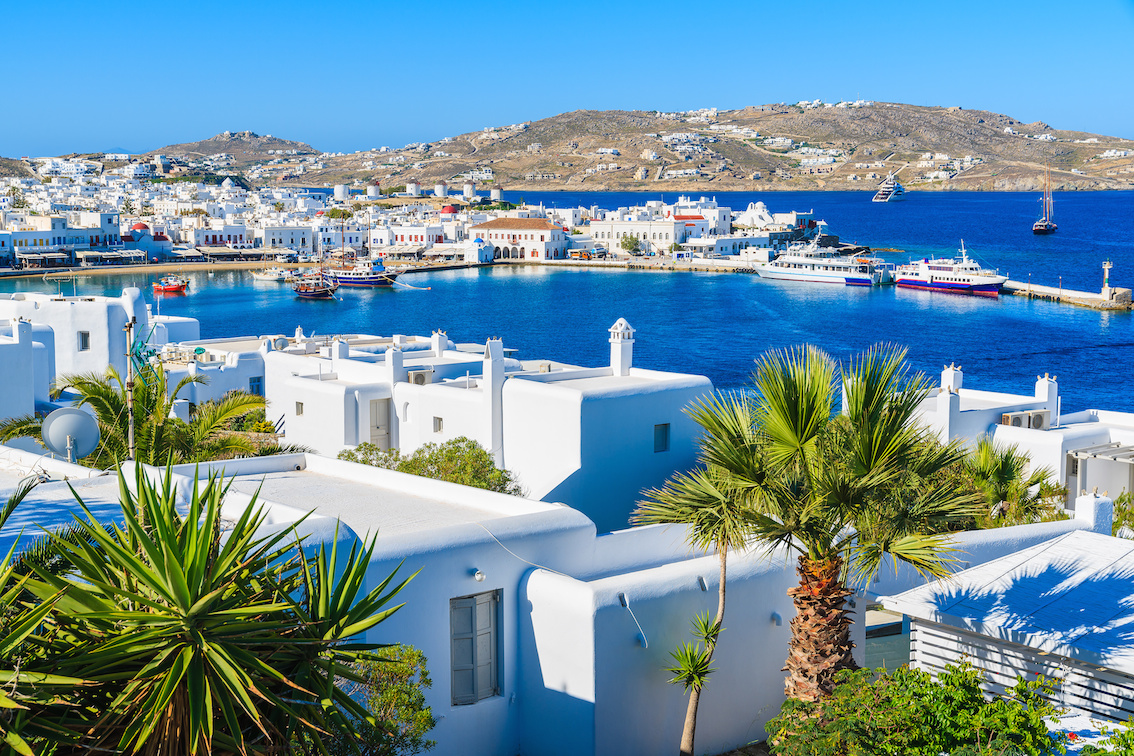 A view of Mykonos port and town, island of Mykonos, Cyclades, Greece